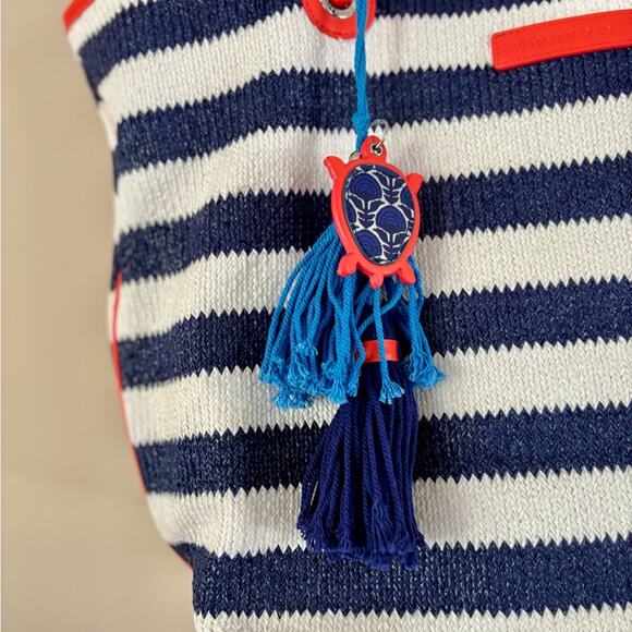 Vera Bradley Navy and White Stripe Large Tote Bag with Turtle Charm / Keychain - Picture 8 of 12